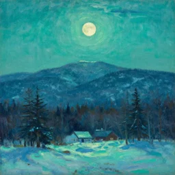 new hampshire, mountains, winter, night, moon light, luminous, teal palette, arkhip kuindzhi, glaze oil painting