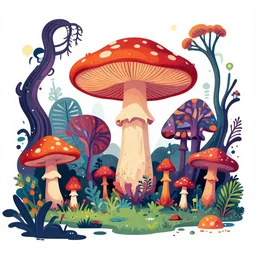 psychedelic mushrooms wide angle shot, enchanted cosmic jungle, white background, vector art, illustration by frank frazetta