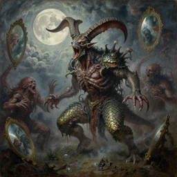 concept art of dagon, lovecraftian, renaissance, roaring, melting horror, round moon, rich clouds, fighting the horrors of the unknown, mirrors, very detailed, volumetric light, mist, grim, fine art, decaying, textured oil over canvas, epic fantasy art, very colorful, ornate scales, anato finnstark