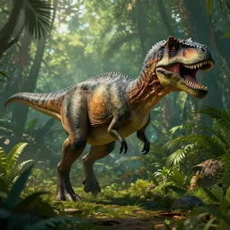 realistic dinosaur walking through a jungle, atmosperic, dramatic lighting, trending on artstation, ark survival evolved