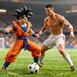 goku playing football with ronaldo. high definition. detailed. award winning