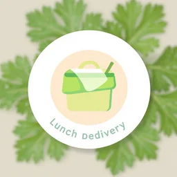 Logo for lunch delivery, parsley branches in the background, natural food. Circle shaped. Pastel colours. vector art. corporative branding in behance