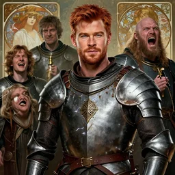 stunning portrait of ( ( ( ( red haired chris hemsworth ) ) ) ) as destruction from sandman looking like kristofer hivju!!, medival armour, by frank moth, by jeremy mann, by bastien lecouffe deharme, by alphonse mucha, dave mckean, laugthing, soft lightning, high detailed, 8 k