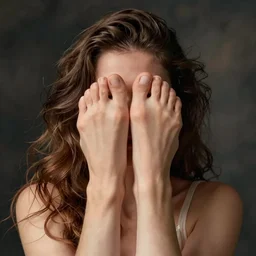 stock photo of woman covering her face with feet
