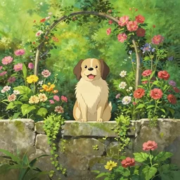 a happy dog overlooking over a garden wall full of flowers, high intricate details, rule of thirds, golden ratio, cinematic light, anime style, over the garden wall by patrick mchale, studio ghibli, makoto shinkai