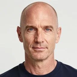 color portrait of a middle aged balding blue eyed white male model By Emmanuel Lubezki