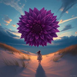portrait, giant purple dahlia flower head, girl walking between dunes, surreal photography, sunrise, blue sky, dramatic light, impressionist painting, digital painting, artstation, simon stalenhag