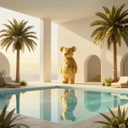 indoor liminal space, golden light, peter tarka, palm trees, minimalistic, hyperrealistic surrealism, award winning masterpiece with incredible details, epic stunning, infinity pool mirrors, a surreal vaporwave liminal space with mirrors, highly detailed, trending on artstation, artgerm and greg rutkowski and alphonse mucha, daily deviation