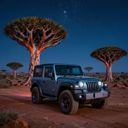mahindra thar at moonlit socotra island with dragon trees, starry night, sharp focus, wide shot, trending on ArtStation, masterpiece, by Greg Rutkowski, by Ross Tran, by Fenghua Zhong, octane, soft render, ultrarealistic, colorful, cinematic, shadow of the tomb rider