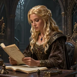 female scribe, blond hair, tanned, beautiful, stunning, detailled, by luis royo, by pixar, by myazaki, gothic, final fantasy, fantasy, medieval