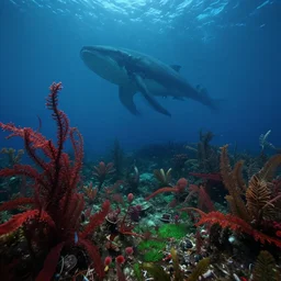 underwater view of a strange alien world, some washed out red and green plant life, giant leviathan swimming far in the background, deep blue sea color, artstation, cinematic angle, cinematic and dramatic lighting