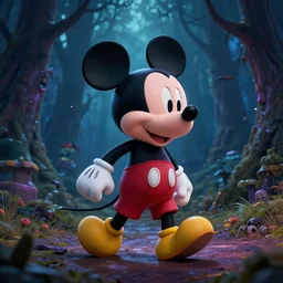 pixar style 3 d animated mickey mouse walking they a spooky forest, cinematic, atmospheric - s 5 0