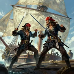 pirates in a sword fight on a sailing ship, fantasy concept art