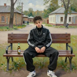juice wrld in black adidas sport costume, as gopnik character, on a bench with a bottle of beer in the courtyard of a provincial russian town, oil on canvas, naturalism