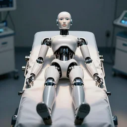 womanized!! humanoid robot, symmetrical, anatomically correct, t - pose, lying on surgical table photorealistic