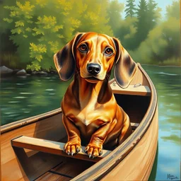 a brown dachshund sitting in a long wooden canoe, detailed painting, oil on canvas, adorable, beautiful environment, wide angle shot