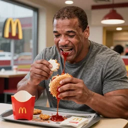 Mike Tyson depressed eating a happy meal in the McDonalds play place, while it storms outside the building, mike tyson begins crying softly as he eats a chicken mcnugget and crushes his hamburger in his hands, ketchup spraying out of it, photograph, high quality, detailed, sharp