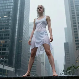 blade runner 2 0 4 9, amazing wet white hair emma watson, light white dress, very hot, rain, sci - fi girl on the city, skyscrapers, cute face, athletic body, full body view, amazing art, fantasy art, highly detailed, wet clothes, photo from below, and from the side, full growth