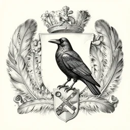 a family coat of arms with a crow in the middle surrounded by a reef of feathers, pencil and ink, very detailed, greg rutkowski and alphonse mucha,