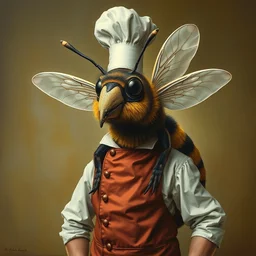 surrealistic painting of a human bee chimera wearing chef outfit