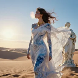 filmstill photography of female body covered with swirling white translucent blanket blowing in wind, acrylic liquid colors, luxurious supermodel photoshooting, golden jewelry, bokeh, godrays, strong wind, wrinkles, sunrays, sunset, lens flares, monet, renoir, cold colors, digital illustration, art noveau, liquid marbling painting, sand dunes, sand dust, melting victorian statue
