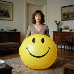 a 1 9 7 3 woman and a 3 d rendering of a smiley inflatable stomach in a stylish apartment, color film still 1 9 7 3, fassbinder