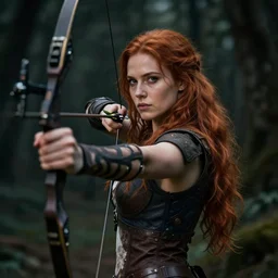 a beautiful woman archer, 8 k, hyperrealistic, hyperdetailed, uhd, beautiful face, long ginger hair, dark fantasy, dark forest, fantasy portrait by laura sava