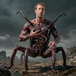 mark zuckerberg clawing away his own skin to reveal the monster underneath, like a parasite escaping it's host