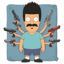an illustration in bob's burgers style of a blanket with tiny arms wielding many guns