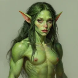 portrait of young carrie fisher as a goblin, d & d, muscular! green, fantasy, intricate, elegant, highly detailed, digital painting, artstation, concept art, smooth, sharp focus, illustration, art by artgerm and greg rutkowski and alphonse mucha