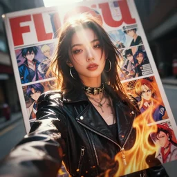 fire queen, bust portrait, photorealistic, artstation, anime, outfit - of - the - day, instagram, fashionista, vignette, inspo, street outfit, fashion model, fashion model, ootd, tilt - shift, god's rays, flcl cover, yoji shinkawa greg rutkowski craig mullins noah bradley mark arian, selfie, bust portrait, ilya kuvshinov, trending on artstation