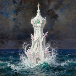 a delicate ornate white fantasy tower with pink and green decoration splashes upwards from a turbulent ocean, dramatic lighting, rich colors, beautiful oil painting by artgerm and greg rutkowski and alphonse mucha