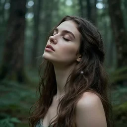 beautiful woman with her eyes closed. she is in an enchanted forest. realistic