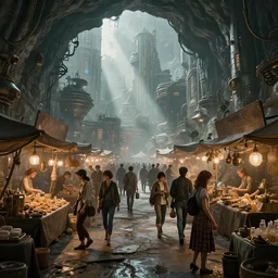 steampunk cyberpunk city in a cave, busy market, godrays, cinematic, with beautiful people, beautiful hyper realistic faces poster art by kim jung giu and weta studio, and lucasfilm and jesper ejsing and norman rockwell greg rutkowski frank frazzeta
