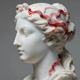 photorealistic white marble greek goddess face profile sculpture, flesh shows at some parts under the broken marble, covered in swirling liquified meat and red kintsugi!!!!!!!!!!!!!!!!!!!!!!!!! @ @!!!!!!, symbolist, visionary, etheric, entwined