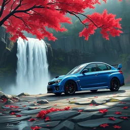 blue subaru wrx infront of a waterfall, red trees overhanging, photorealistic painting, hyperrealism, 8 k