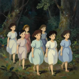 various little chinese girls in dress walking in forest at night, very detailed oil painting by studios ghibli, leonardo da vinci, takato yamamoto and makoto shinkai, inspired by balthus and made in abyss, anatomically correct, soft color pallet, sharp focus, extremely coherent, fantasy, realistic, smooth
