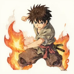 appealing naturalistic portrait of a young scrappy fire warrior thief in action, representational earth tones, stunning clarity experimental cut paper mixed media blotchy character shape design by masaaki yuasa, pleasing palette watercolor masterpiece