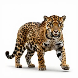 spotted jaguar, high detail photograph, full body, isolated on a pure white background, centered, entire subject in frame, sharp focus, soft studio lighting