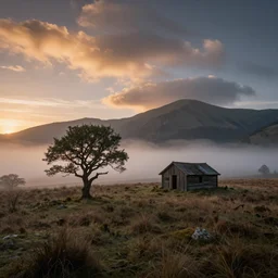 landscape photography by marc adamus, lone tree on the moor, abandoned wooden cabin in the background, mist, sunset, dramatic lighting, mountains, clouds, beautiful