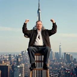 walter white from back sitting on chair standing on top of the empire state building strong stance photo by annie leibovitz 8 0 mm lens bokeh