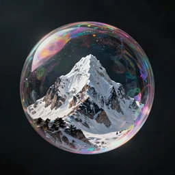 a bubble of soap containing one tall, snowy mountain. the bubble is floating in the dark, dramatic scenery, ultra realistic, extremely detailed, by salvador dali, and max ernst, surreal, hyperrealistic, dreamy atmosphere, octane