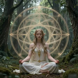 elven princess meditating in forest, digital art, trending on artstation, ultra detailed, intricate, sacred geometry, serene, beautiful, photo, realistic, perfect, smooth, moebius, by moebius