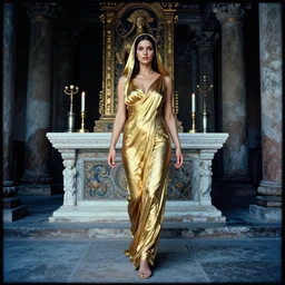lomography, full body portrait photo of women like reol from a distance as a seductive priestess wearing gold walking past a altar in a ancient temple interior, moody, realistic, dynamic perspective pose, light blue filter, skin tinted a warm tone, hdr, rounded eyes, detailed facial features, alphone mucha, heian, black white gold