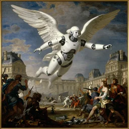 a renaissance painting of a futuristic white robot angel flying over a battle, louvre, art, museum art