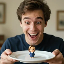 a very excited young man with an open mouth smile, drooling over a tiny nancy pelosi on a plate