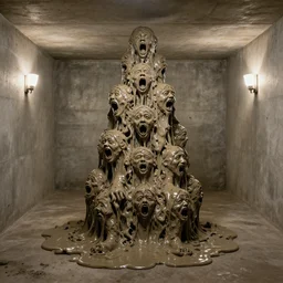a photograph photo of a tower of oozing, slimy, wet clay covered in screaming faces, sitting in the center of a concrete cellar with lamps on the walls