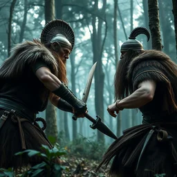 cinematic shot of two vikings fighting in a forest, 8 k, dslr, very intricate, very detailed,
