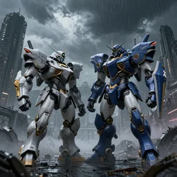 A duel of hi-tech bulky big combat mechs, code geass, dark city ruins, fog, dark clouds, rain, realistic 4k octane beautifully detailed render, 4k post-processing, highly detailed, intricate complexity, epic composition, magical atmosphere, cinematic lighting, masterpiece, ultra hd