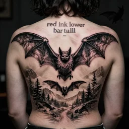 “red ink lower back tattoo of bats, neotraditional modern”